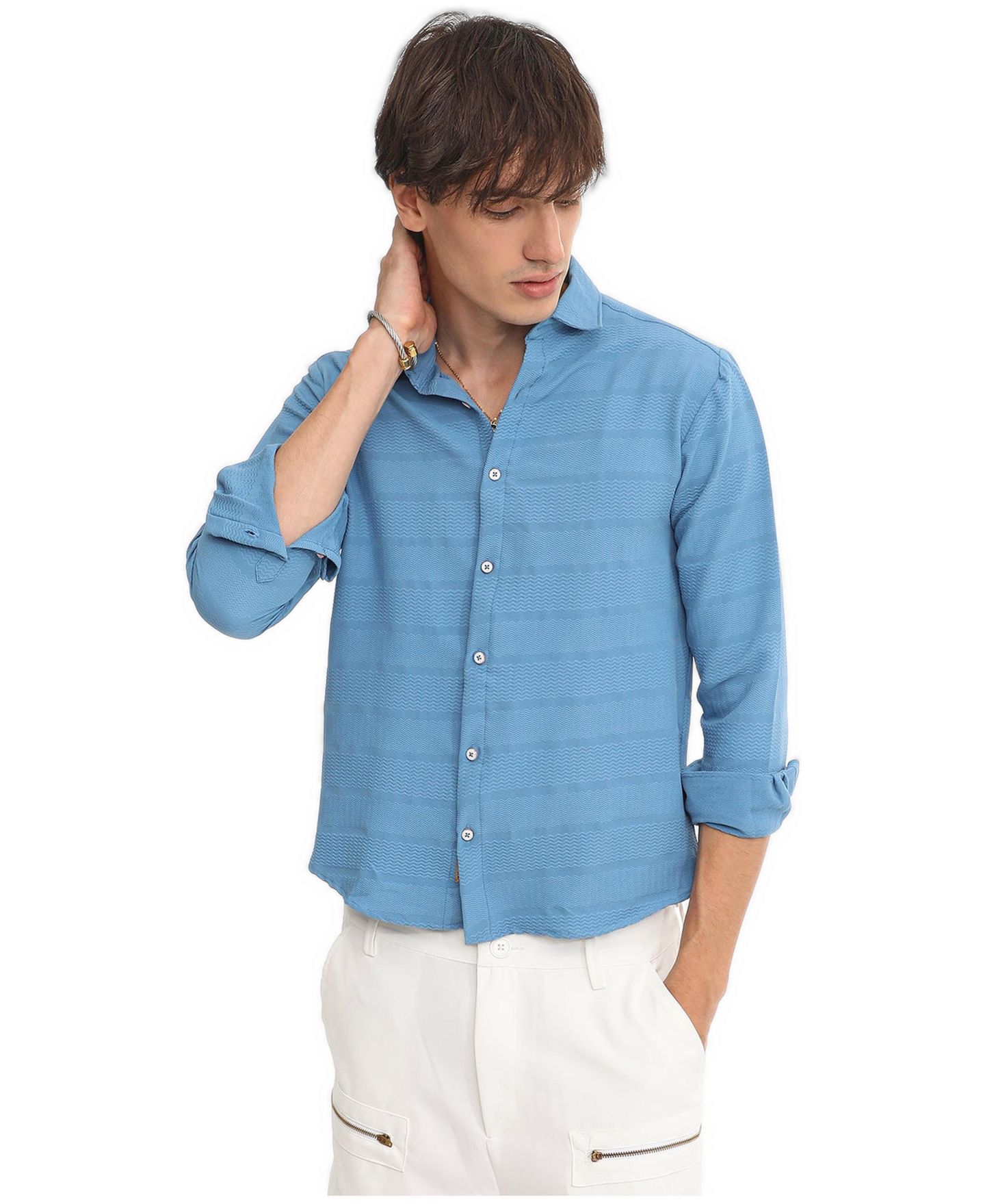 Мужская рубашка Cahoot Campus Sutra Sky Blue Chevron-Textured, цвет: Синий — фото 1