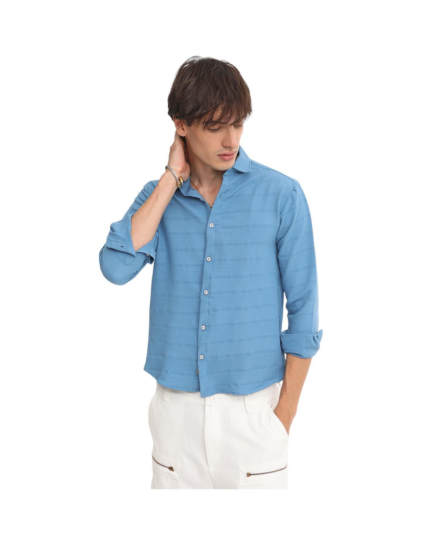 Men's Sky Blue Chevron-Textured Shirt