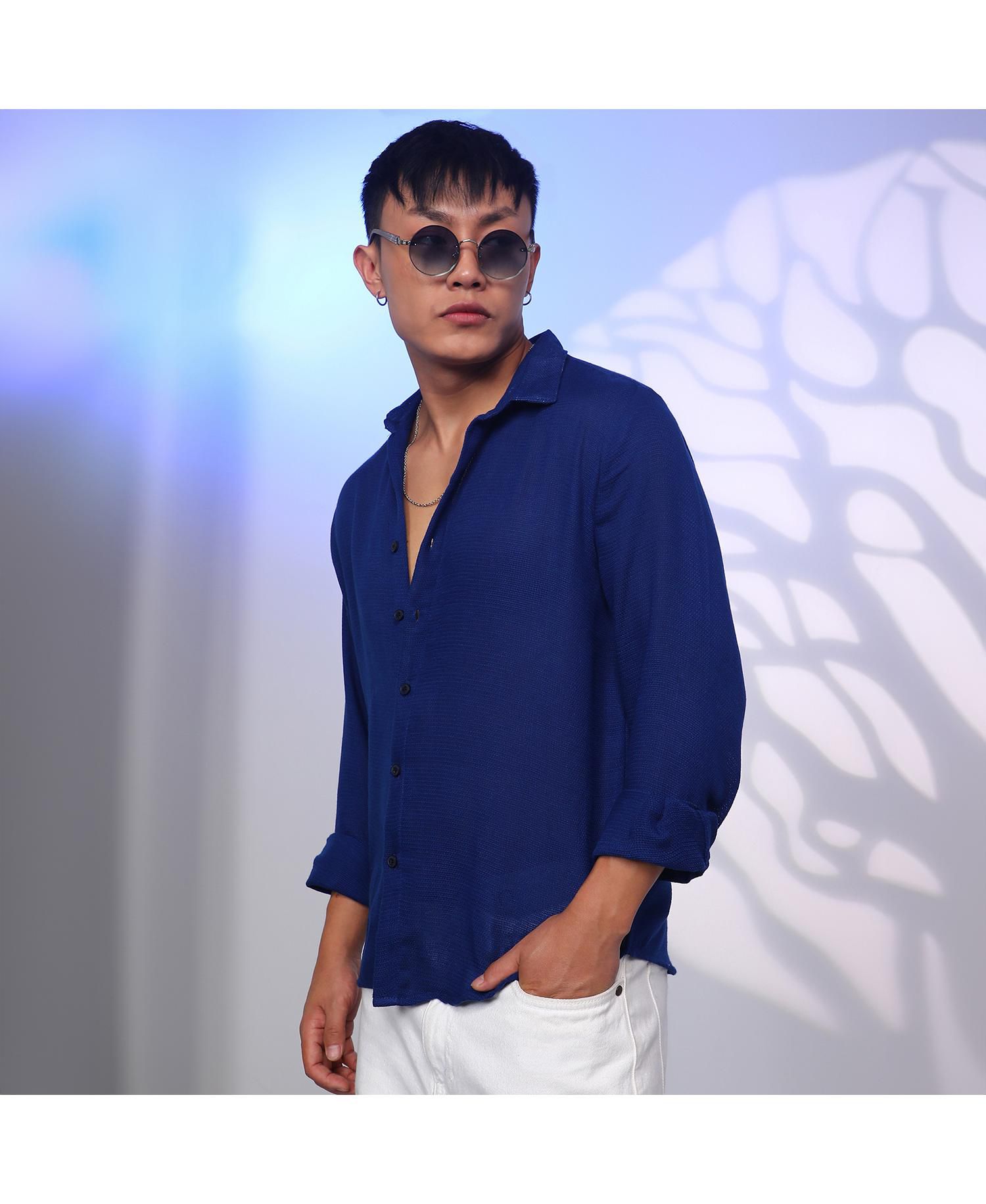 Men's Indigo Blue Solid Woven Shirt