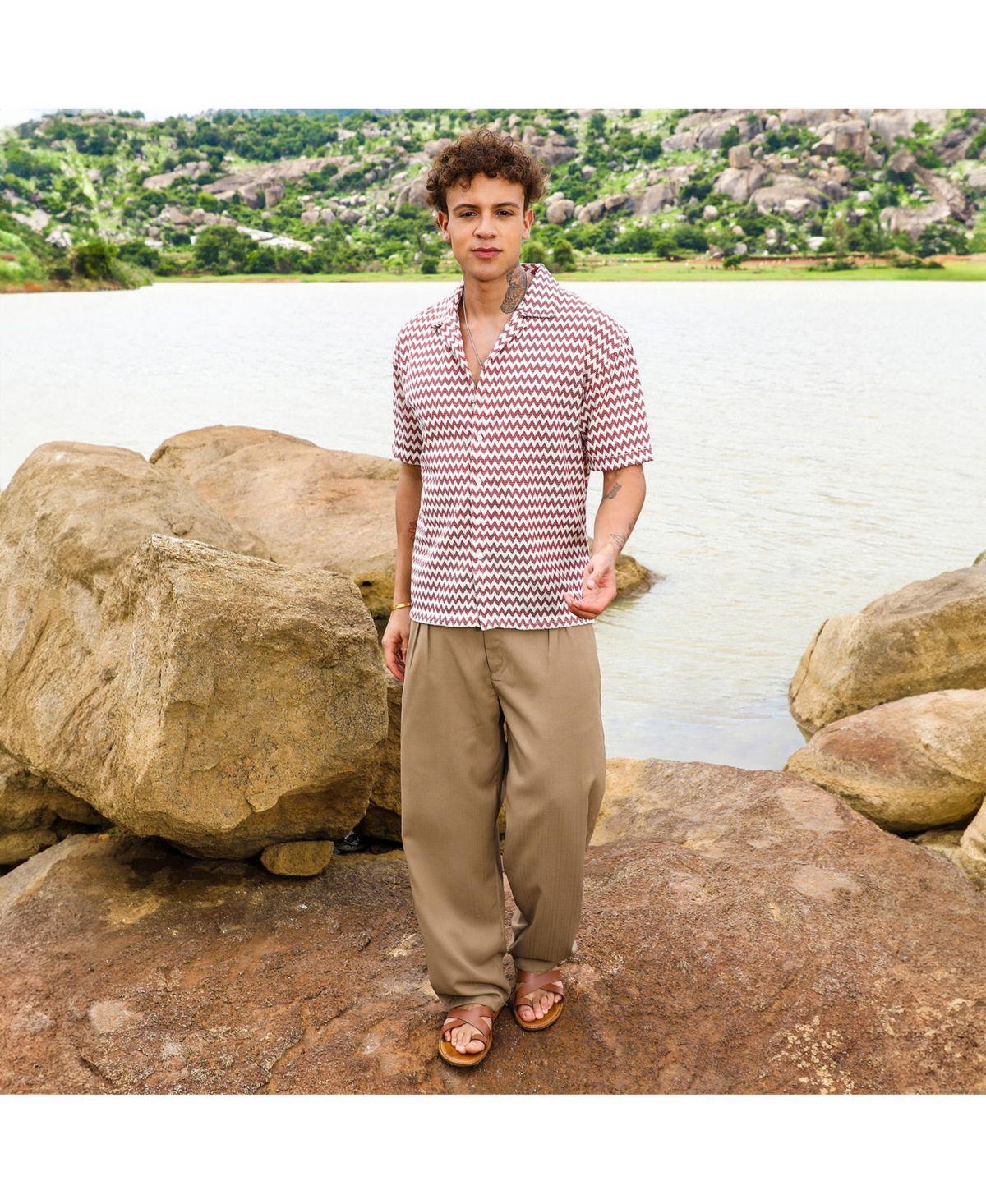 Men's Terracotta Brown & Powder White Chevron-Striped Oversized Shirt