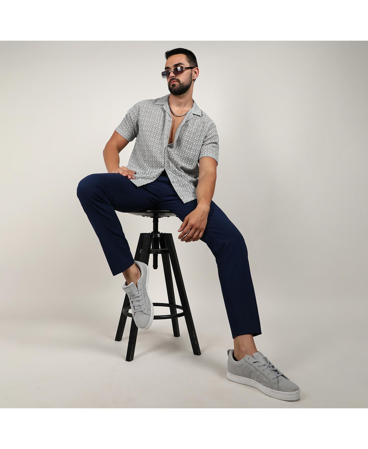 Men's Moon Grey Floral Embroidered Shirt