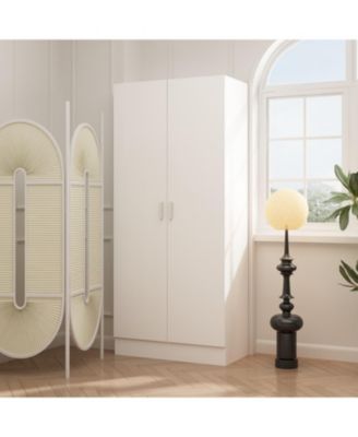 White 2-Doors Armoire Wardrobe with Hanging Rod and Storage Shelves