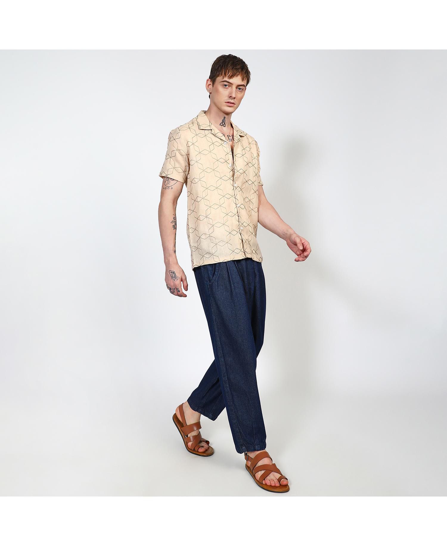 Men's Beige Embroidered Geometric-Lined Shirt