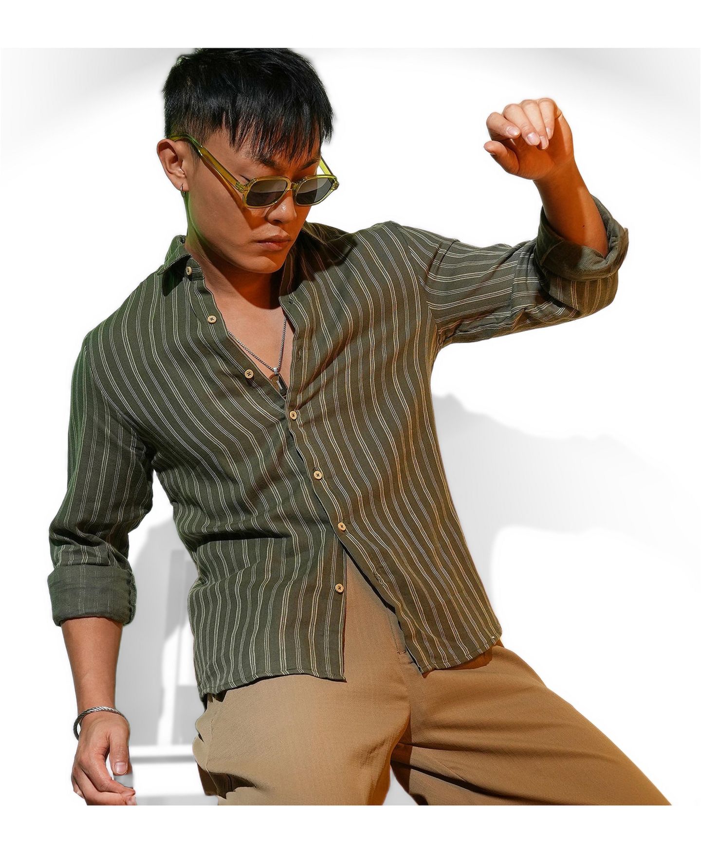 Мужская рубашка Cahoot Campus Sutra Moss Green Halo Striped, цвет: Зелёный — фото 6