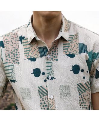 Men's Forest Green & Bone Beige Abstract Seersucker Shirt
