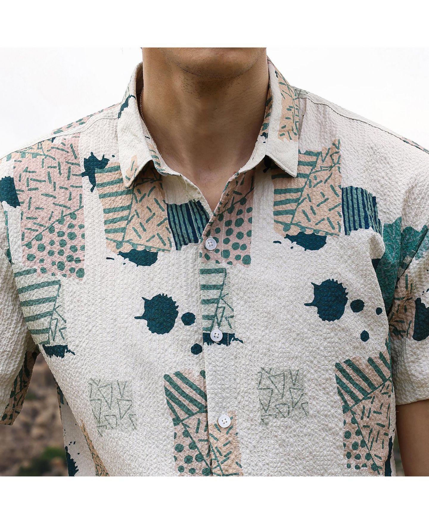 Мужская рубашка Cahoot Forest Green & Bone Beige Abstract Seersucker, цвет: Зелёный — фото 5