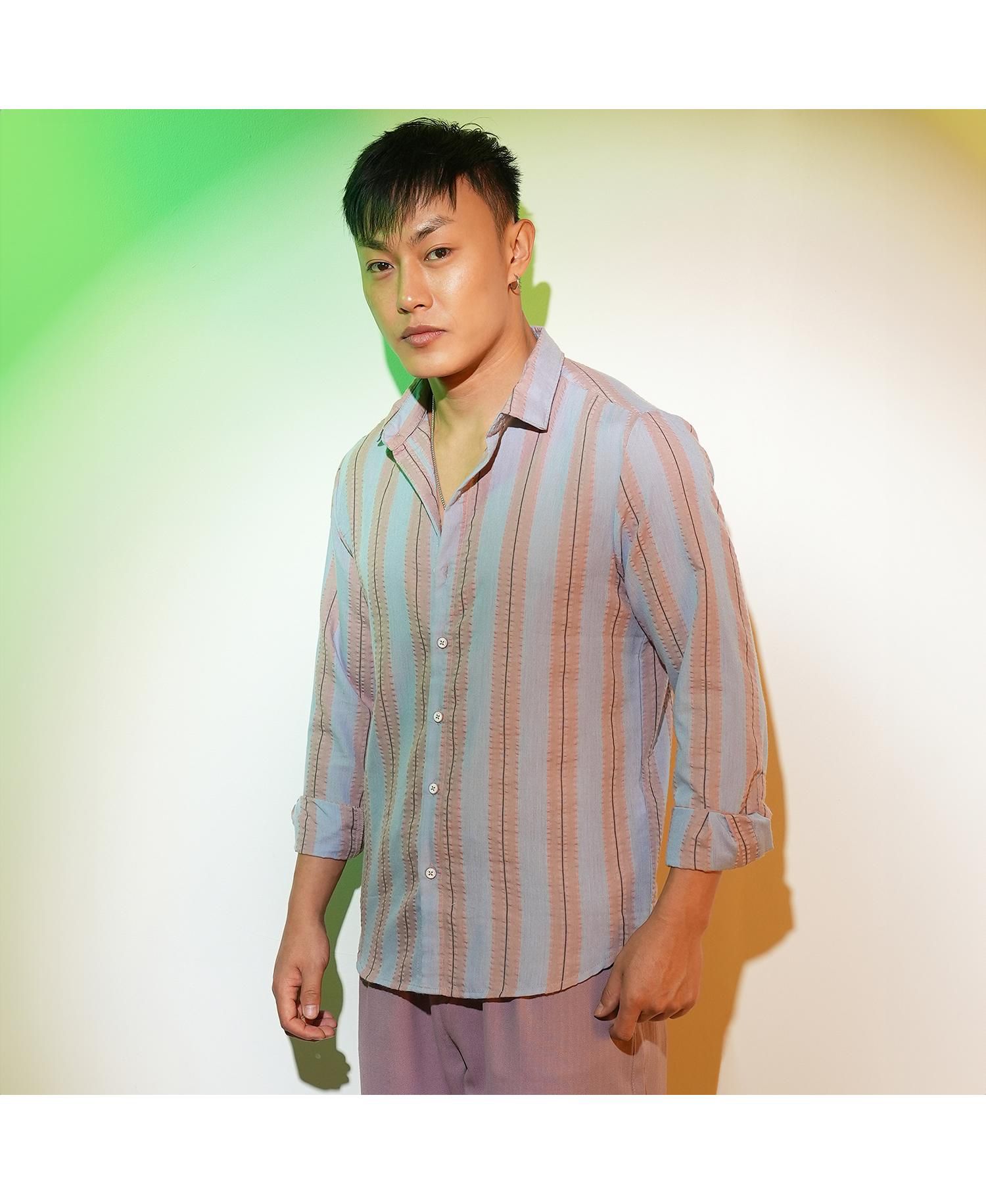 Men's Icy Blue & Nude Beige Striped Seersucker Shirt
