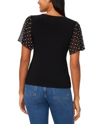 Women's V-Neck Pearl Short Flutter-Sleeve Top