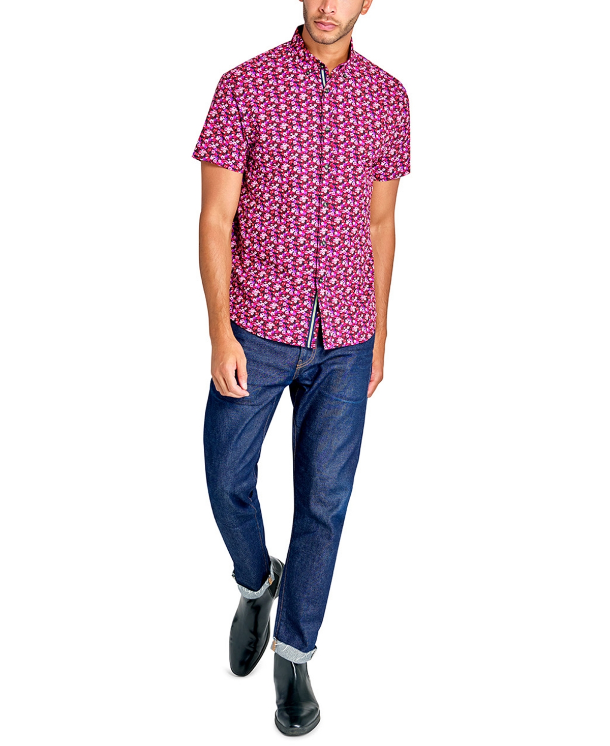 Society of Threads Men's Short Sleeve Button-Front Floral Print Performance Shirt