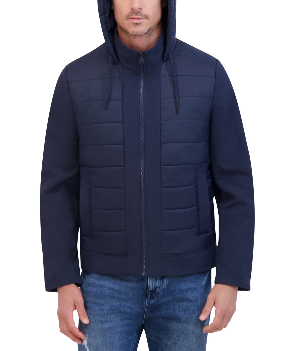 Kenneth Cole Men s Mixed media Hooded Soft Shell Bomber Jacket In Navy ModeSens