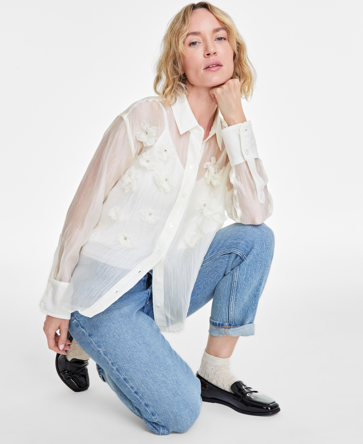 Shop On 34th Women's 3d Floral Relaxed Organza Shirt, Created For Macy's In Antique Shell