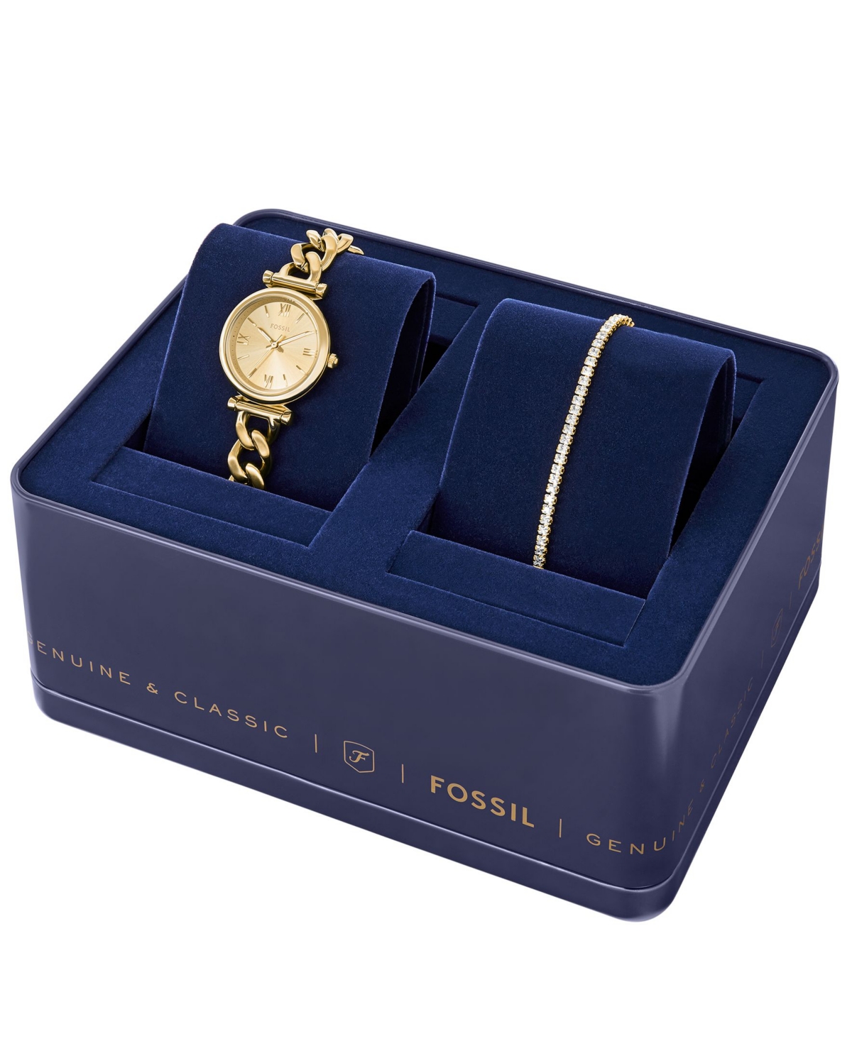 Fossil Women's Carlie Three-Hand Gold-Tone Stainless Steel Watch and Bracelet Set, 28mm