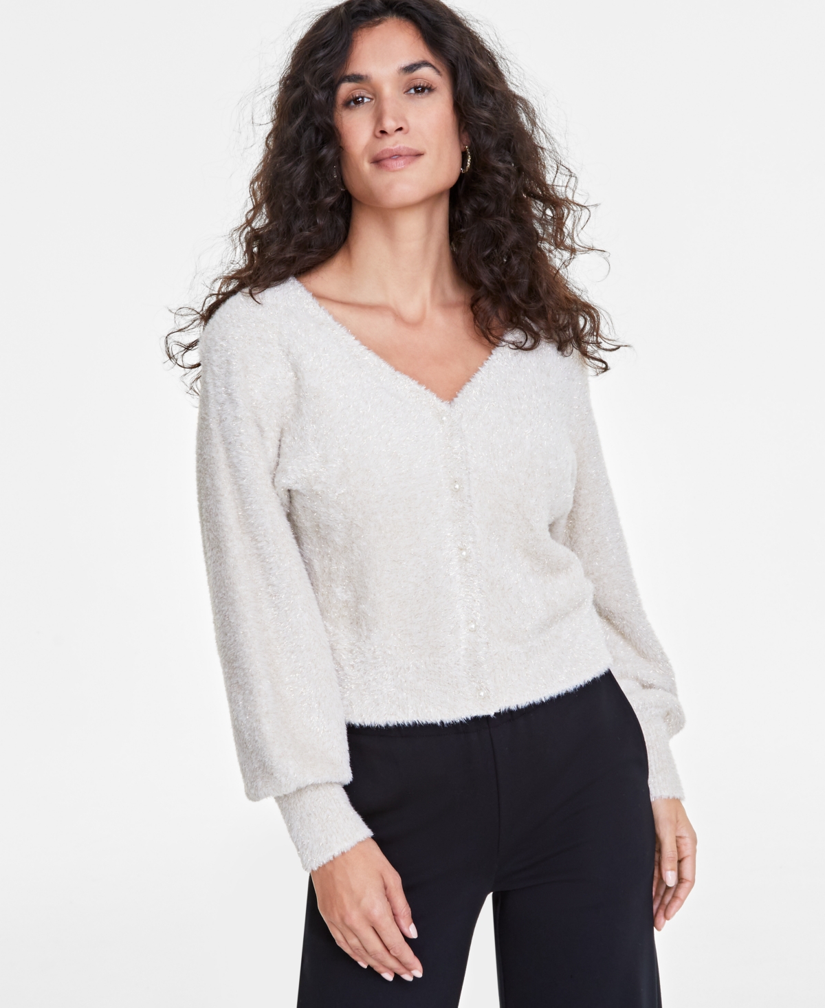 Women's Metallic Plush-Knit Cardigan, Created for Macy's - Alabaster