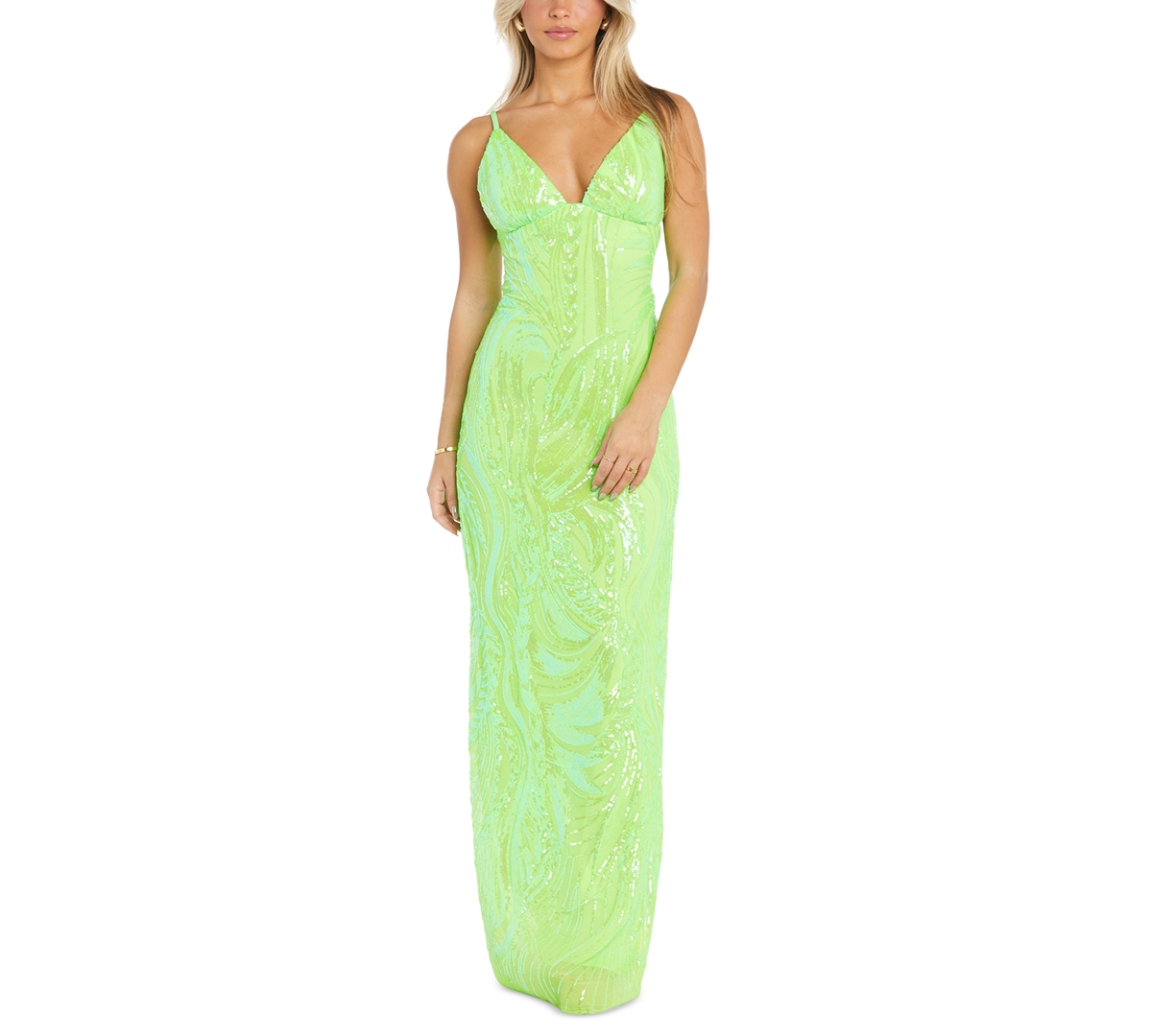 Morgan & Company Juniors' V-neck Embellished Sleeveless Gown In Lime