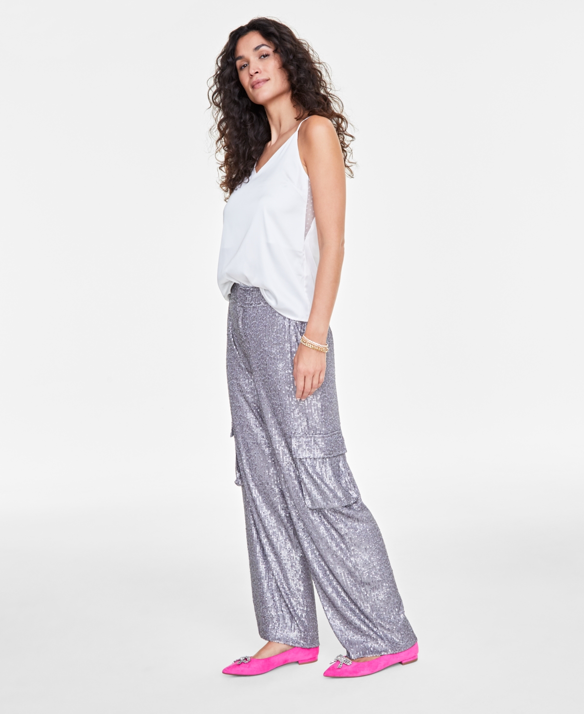 On 34th Trendy Plus Size Sequin Straight-leg Cargo Pants, Exclusively At Macy's In Shark Fin