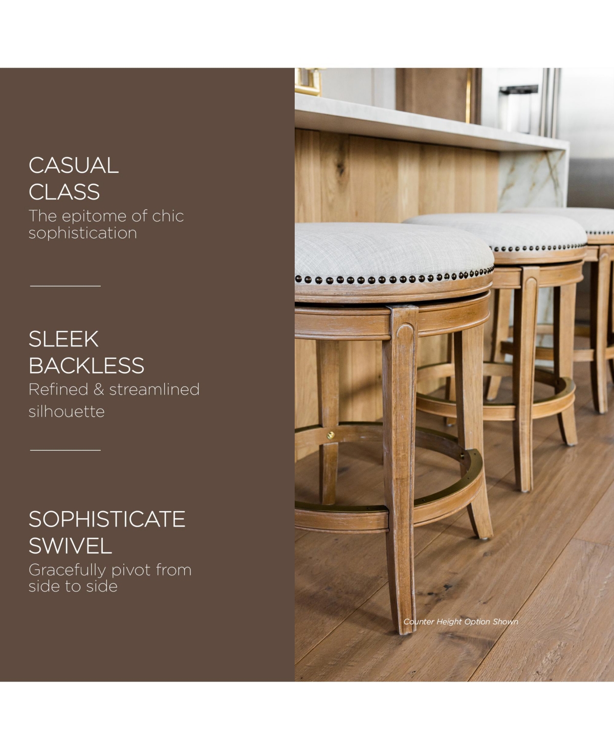 Maven Lane Alexander Backless Bar Stool w/ Sand Color Fabric Upholstery - Weathered oak finish