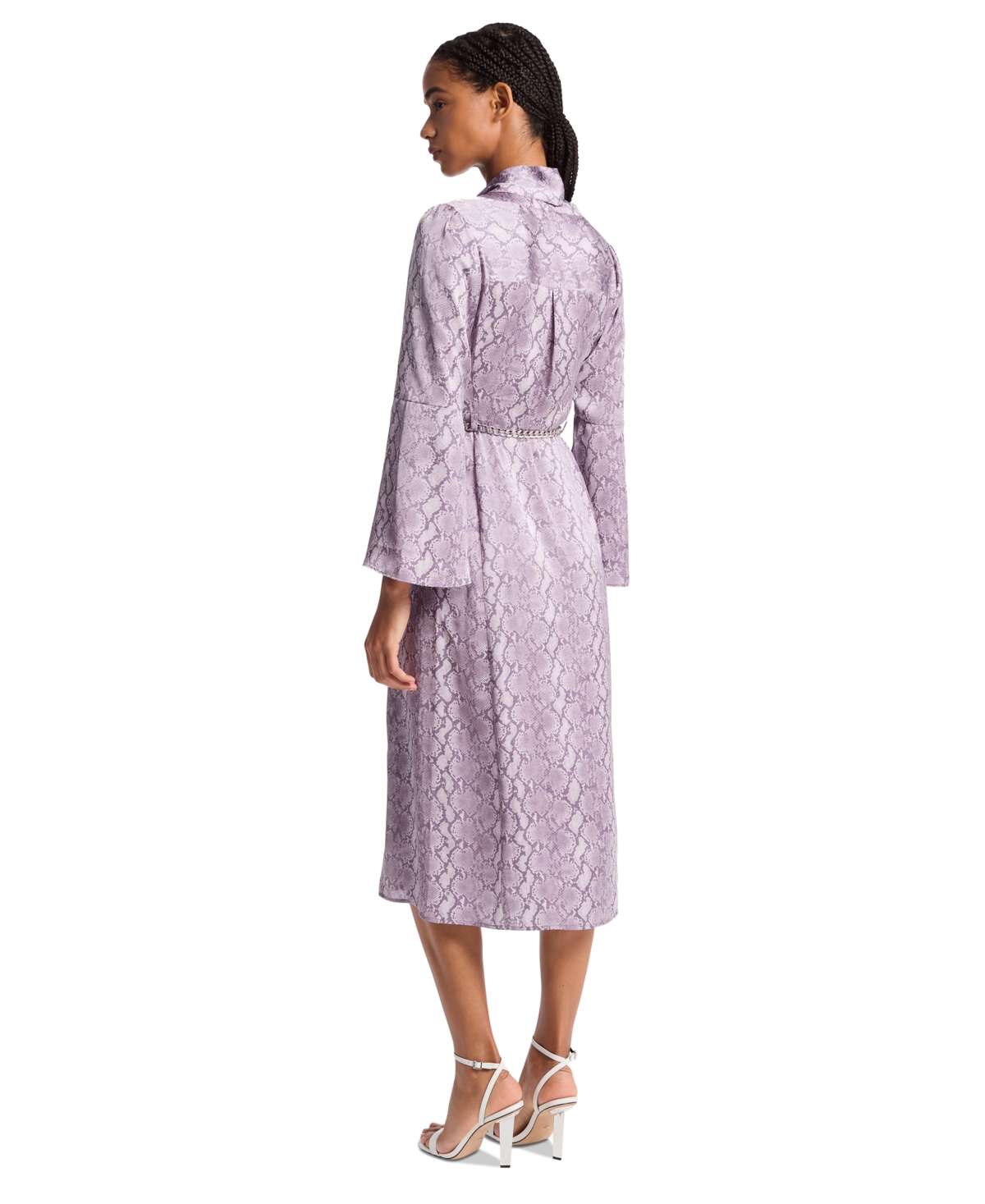 Michael Kors Women's Snake-Print Bell-Sleeve Midi Dress with Chain Belt
