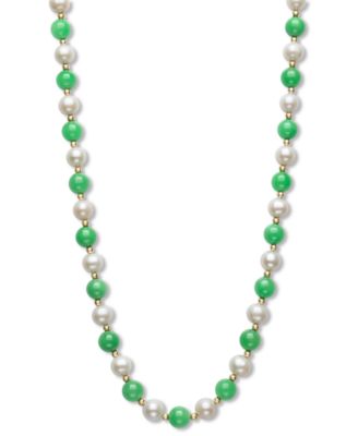 Dyed Green Jade & Freshwater Pearl (7-1/2mm) 18" Collar Necklace in 14k Gold