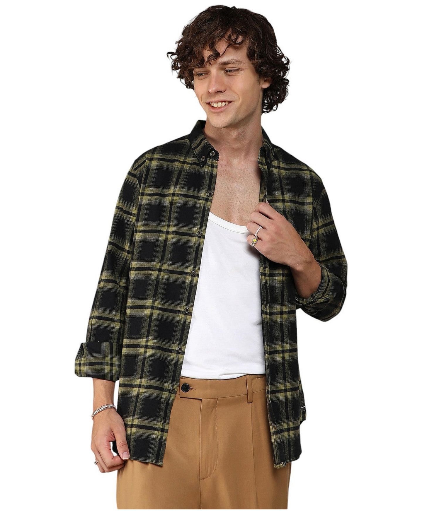 Мужская рубашка Cahoot Campus Sutra Midnight Black & Sage Green Brushed Buffalo Check, цвет: Чёрный — фото 1