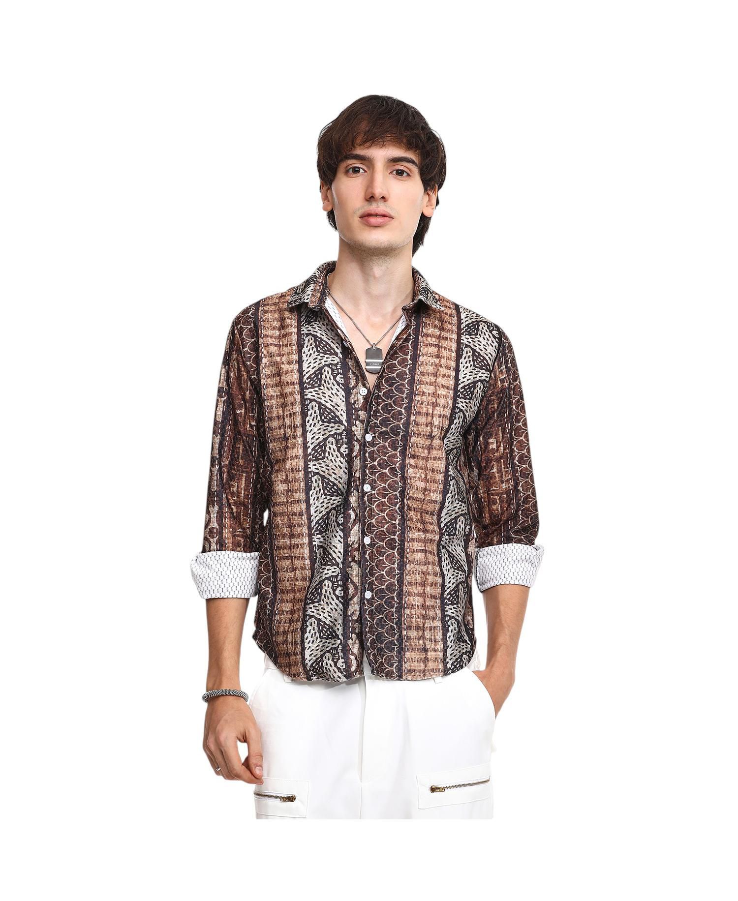 Men's Chocolate Brown Folk Print Shirt
