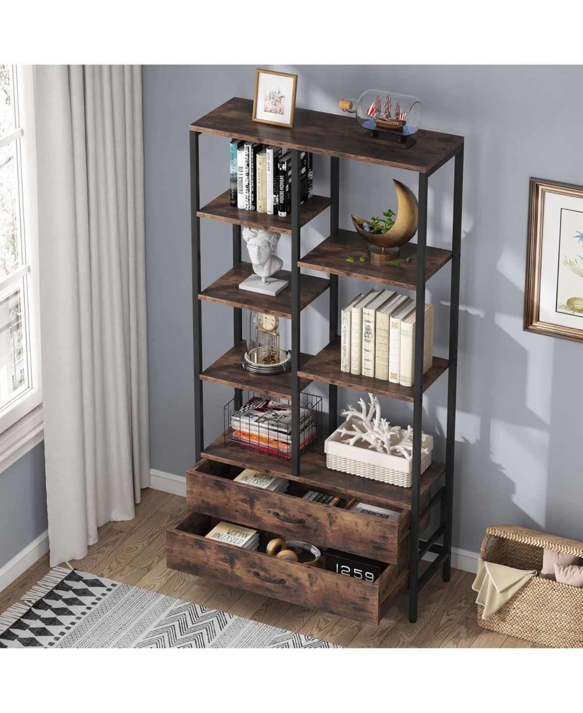 Tribesigns Bookshelf Bookcase Set of 2, Modern Tall Bookcase with Drawers, 5-Tier Wood Etagere Bookshelves with Open Storage Space, 2 Drawer Book shle
