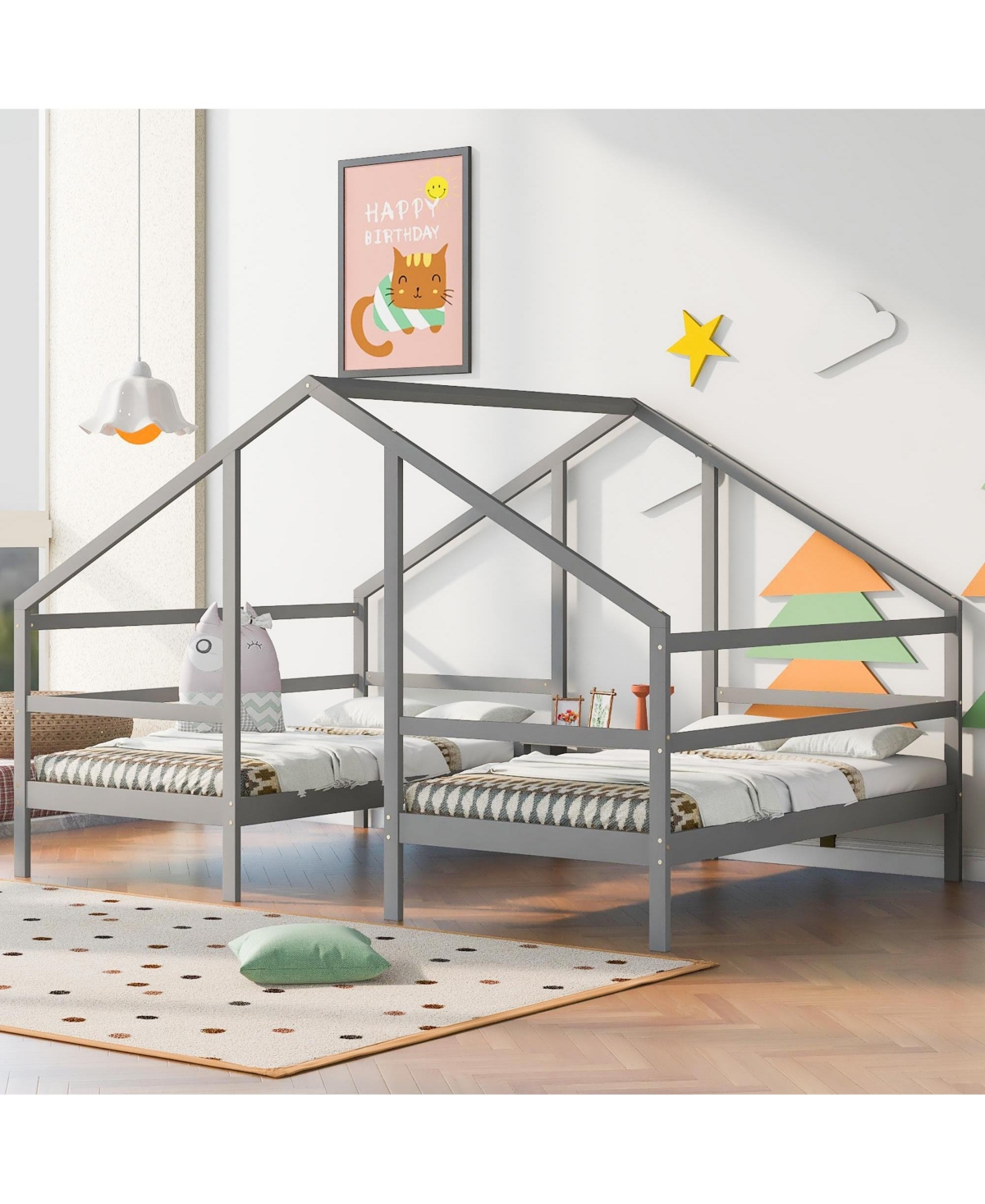 Slickblue Double Twin Size Triangular House Beds with Built-In Table for Kids' Room
