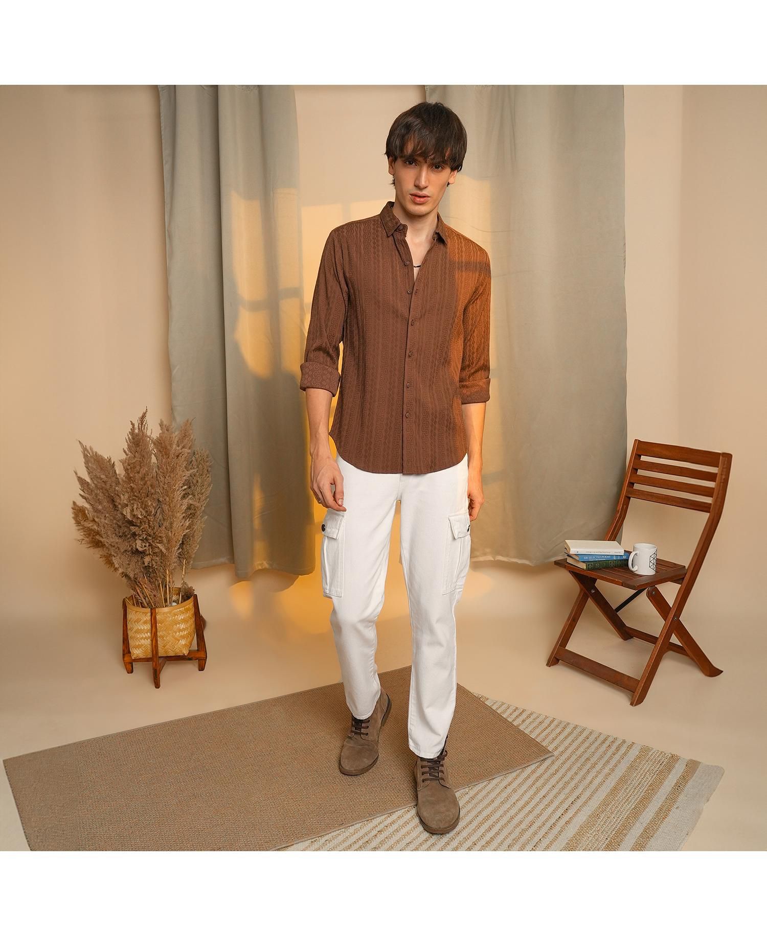 Men's Chocolate Brown Geometric-Textured Knit Shirt