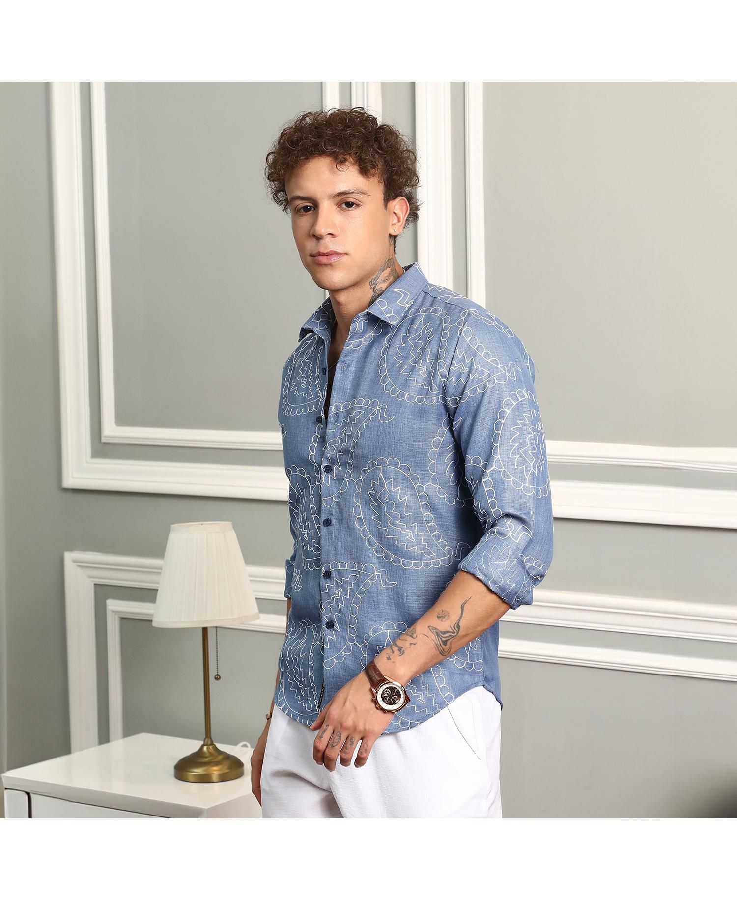 Men's Icy Blue Paisley-Lined Shirt