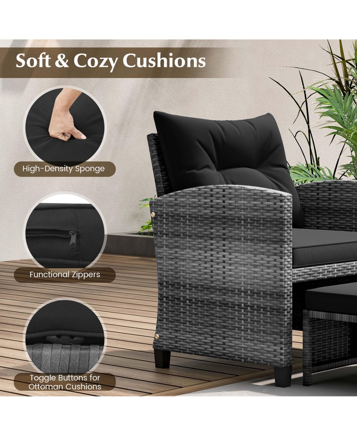 5 Piece Patio Rattan Furniture with 2 Ottomans & Tempered Glass Coffee Table