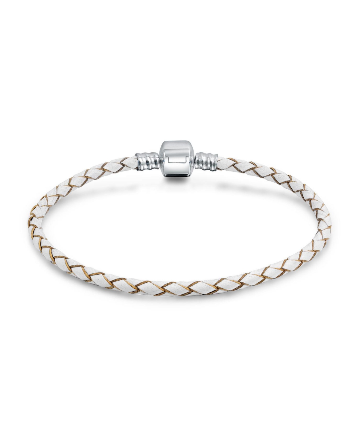 White Weave Braid Leather Starter Charm Fits European Beads Bracelet .925 Sterling Silver Barrel Clasp - White