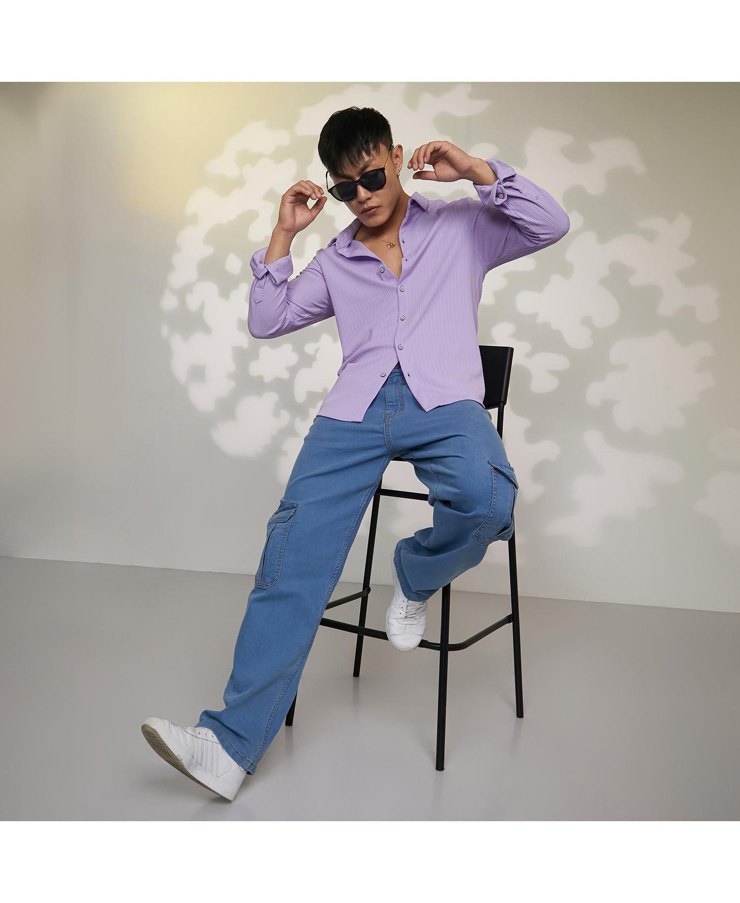 Men's Lilac Stripe-Creased Shirt