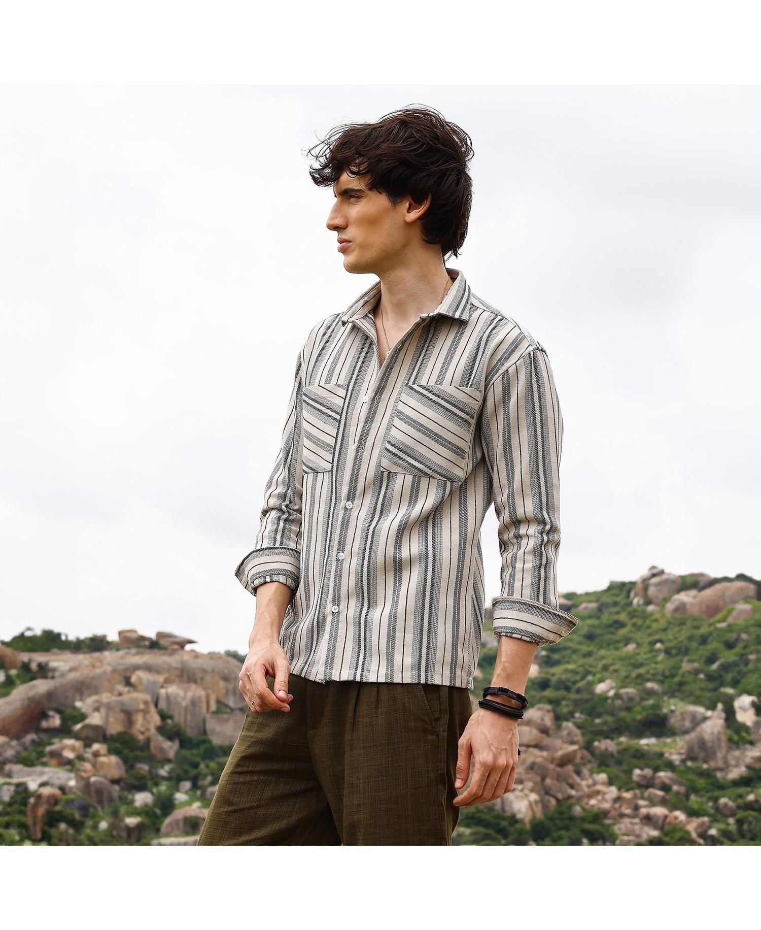 Men's Bone Beige & Cloud Grey Multitrack Striped Oversized Shirt