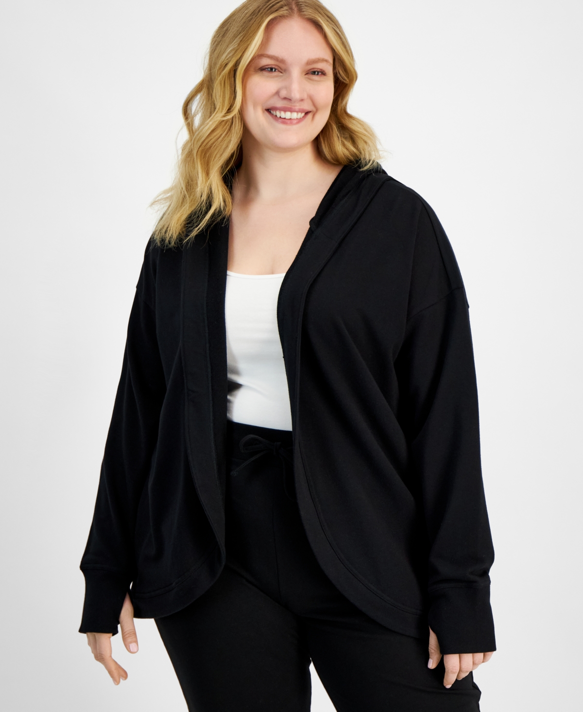Id Ideology Plus Size Hooded Comfort Flow Cardigan, Created For Macy's In Deep Black