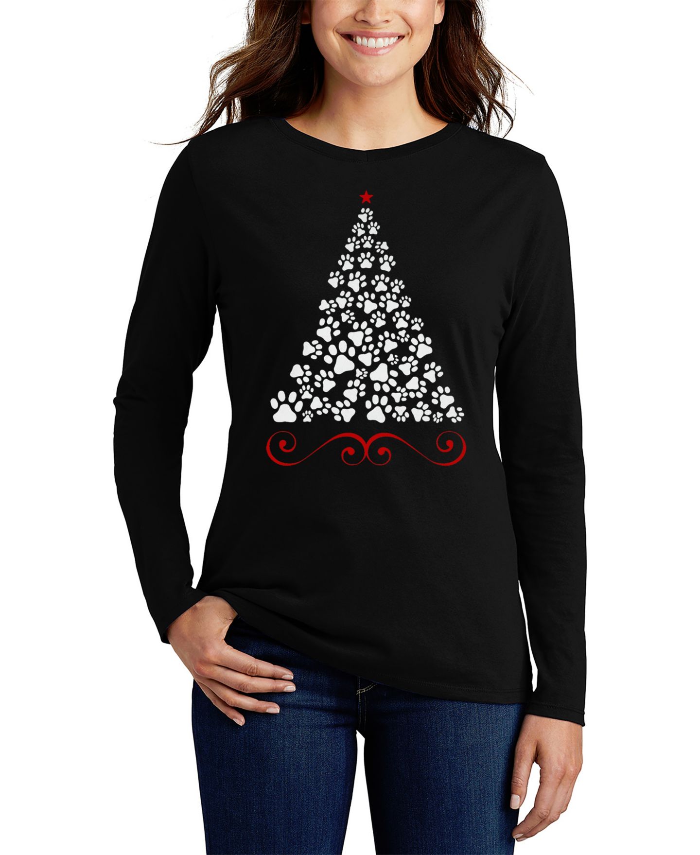Женская футболка LA Pop Art Paw Christmas Tree Art Long Sleeve, цвет: Чёрный — фото 1