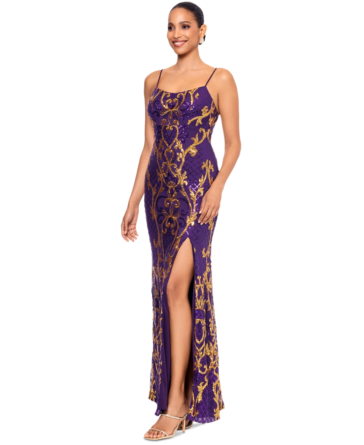 Betsy & Adam Women's Sequined Patterned Gown -Gold
