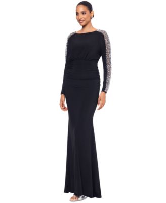 Women's Beaded-Sleeve Ruched Gown