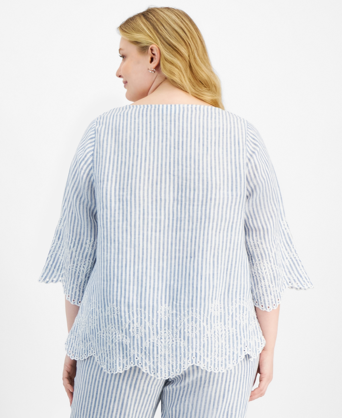 Charter Club Plus Size Linen 3/4-Sleeve Striped Top, Exclusively at Macy's