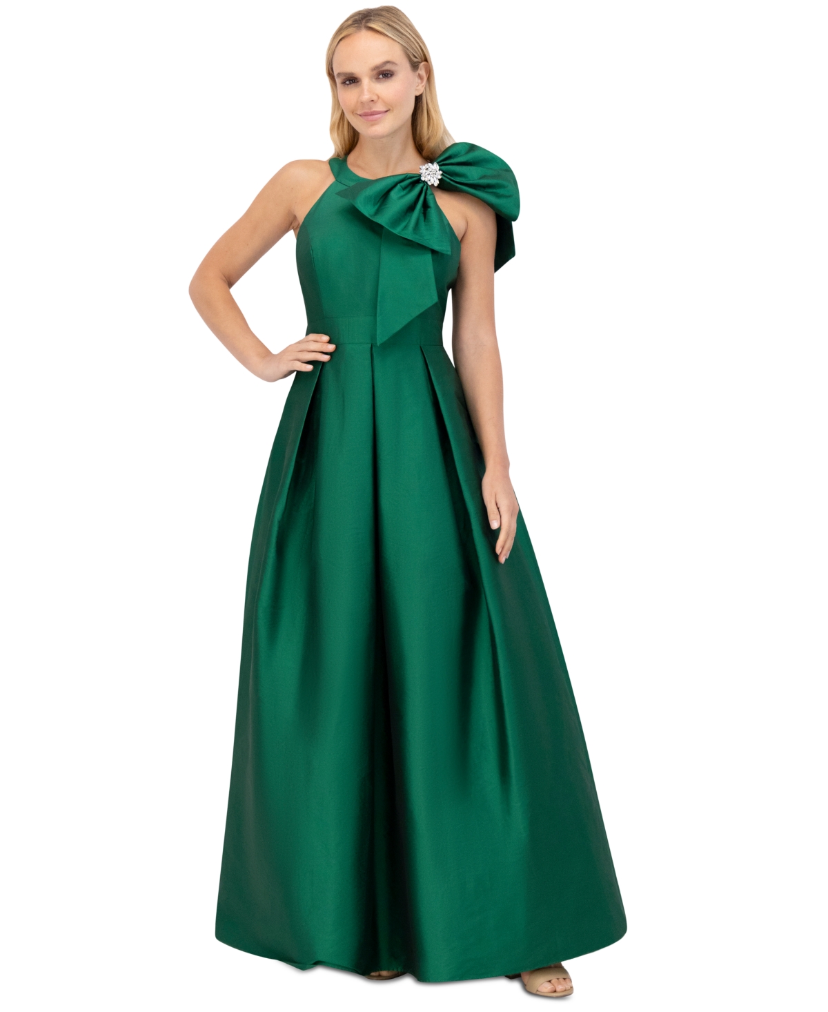 ELIZA J PETITE BOW-TRIM HALTER BALL GOWN 
