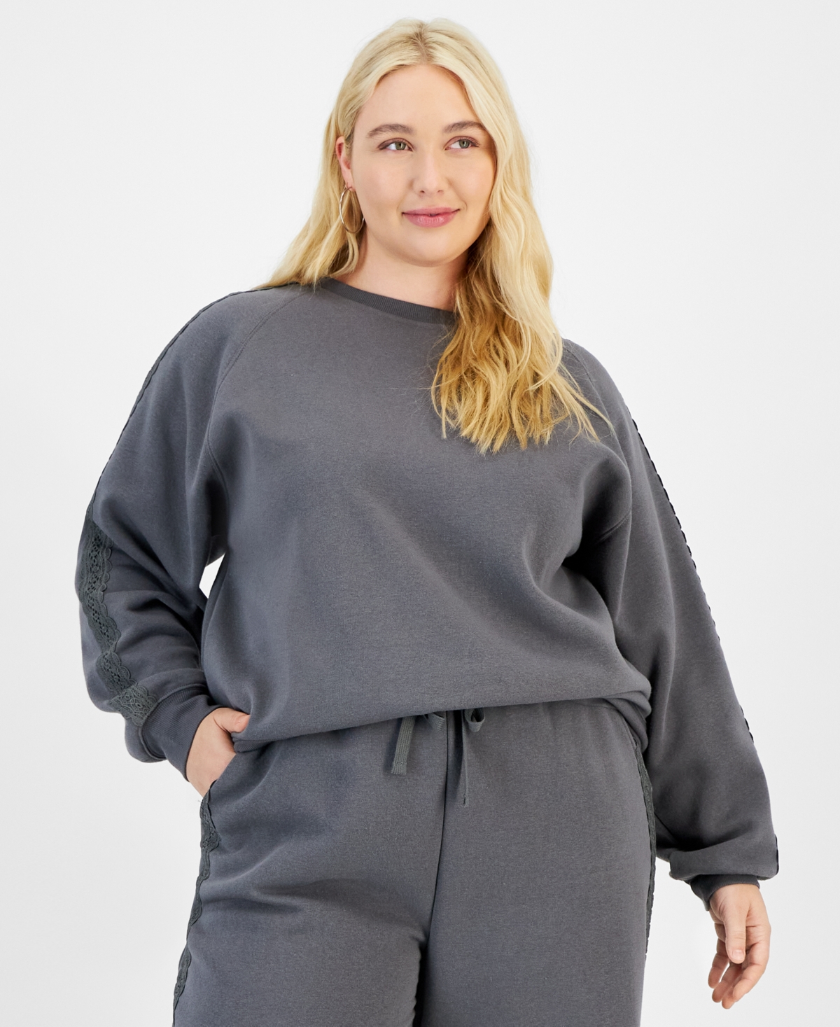 Trendy Plus Size Crochet-Trim Sweatshirt - Granite