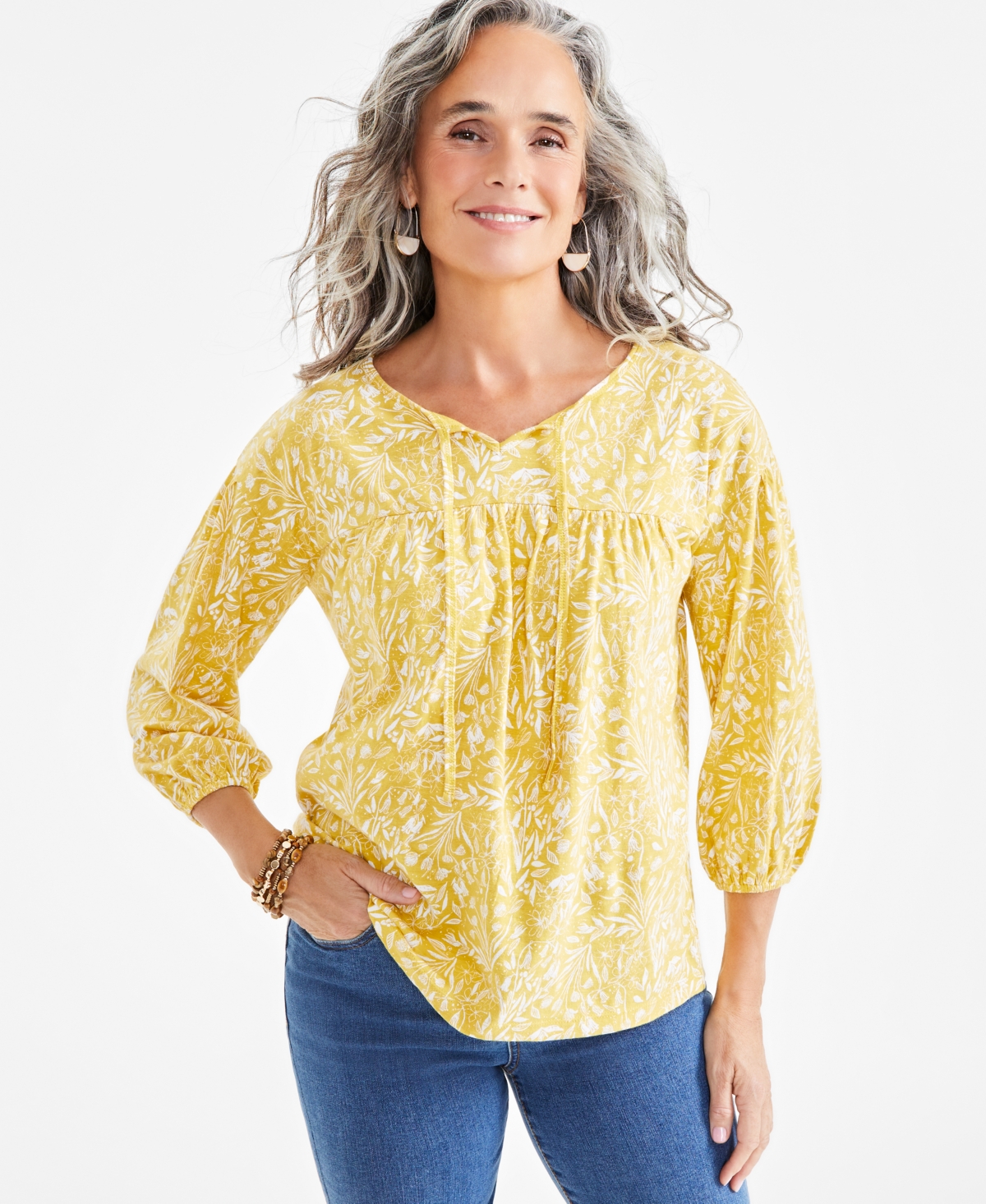 Style & Co Women's Cotton Printed Knit Peasant Top, Created for Macy's