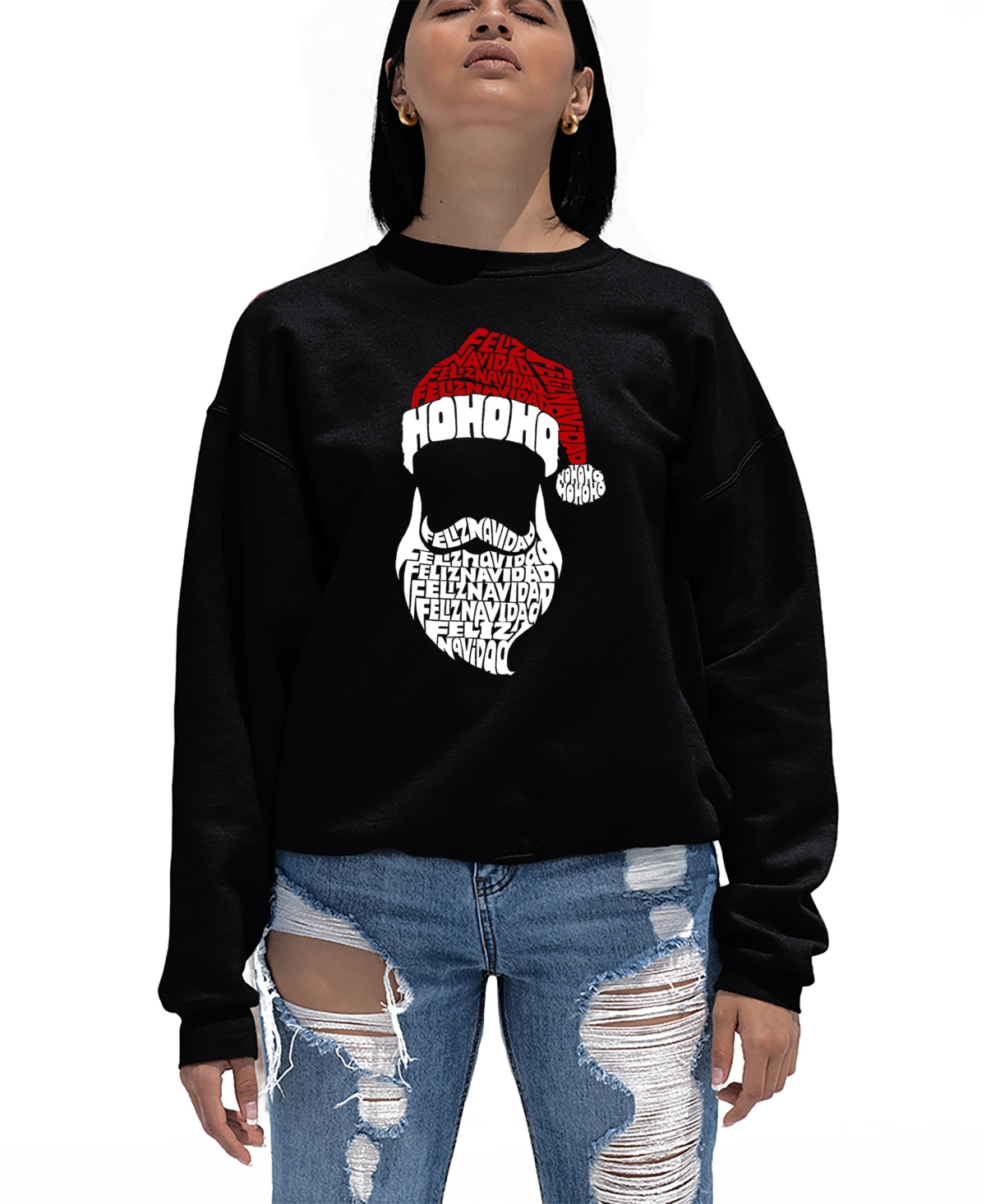 LA POP ART WOMEN'S FELIZ NAVIDAD SANTA CLAUS WORD ART CREWNECK SWEATSHIRT 