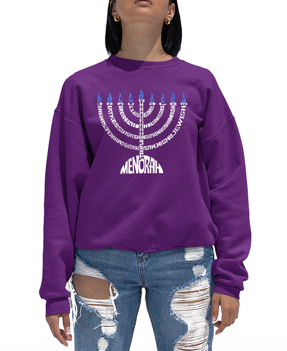 LA POP ART WOMEN'S MENORAH WORD ART CREWNECK SWEATSHIRT 