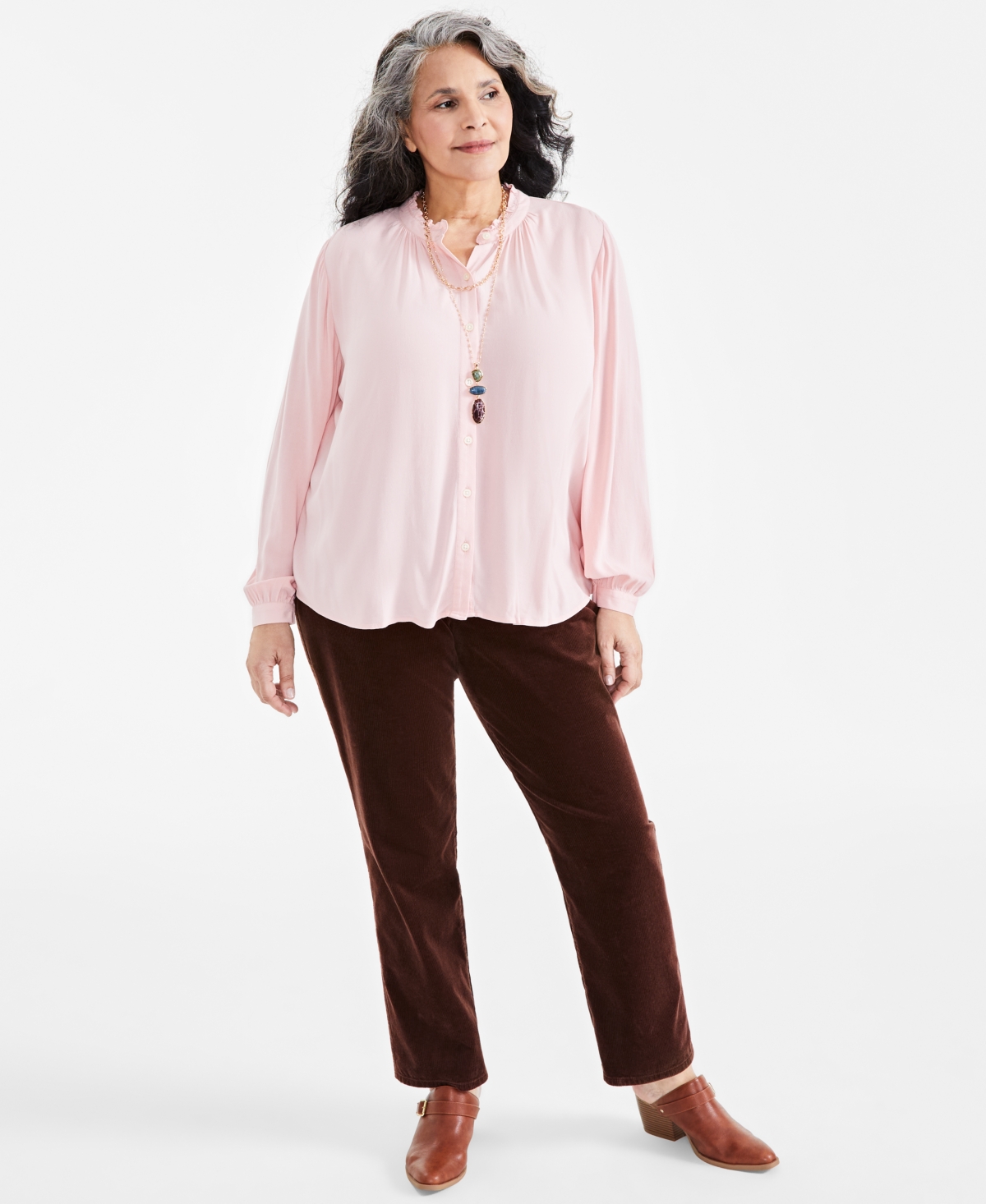 Style & Co Plus Size Pleated Mandarin-Collar Blouse, Exclusively at Macy's