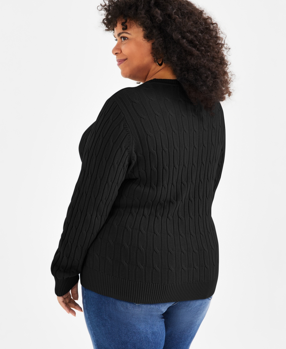 Style & Co Plus Size Cotton Cable-knit Crewneck Sweater, Created For  In Deep Black
