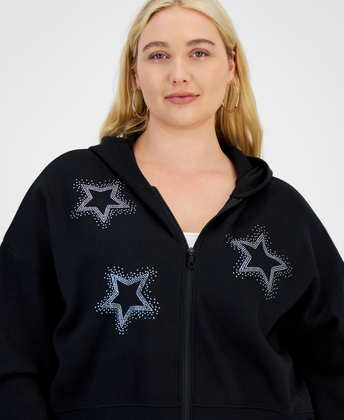 Grayson Threads, The Label Trendy Plus Size Rhinestone Star Hoodie In Black