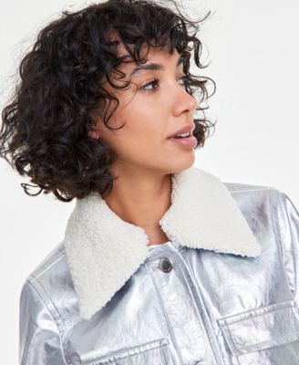 Women's Solid Metallic Faux-Leather Jacket with Removable Faux-Sherpa Collar, Exclusively at Macy's