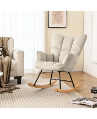 1 Count Linen Fabric Nursery Rocking Chair with High Backrest Padded Armrests & Seat for Nursery Light