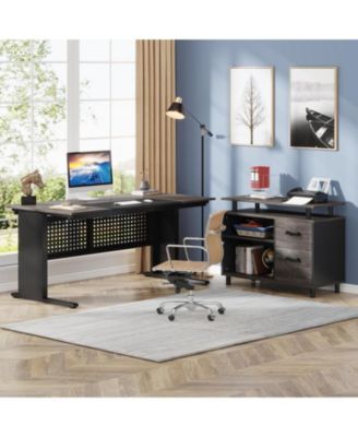 63 Inch Executive Desk with File Cabinet, Large Office Desk L Shaped Computer Desk with Drawers and Storage Shelves