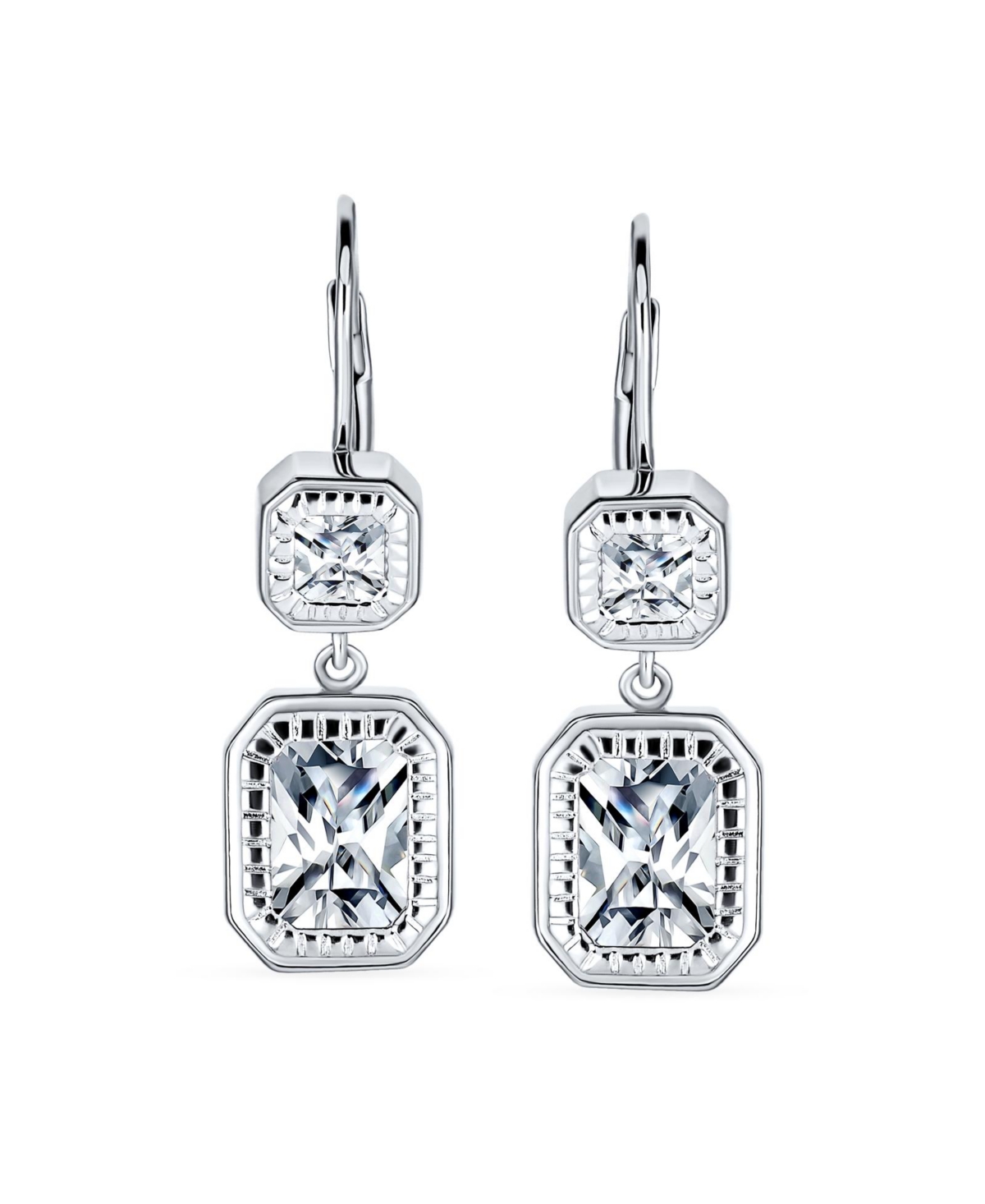 Bling Jewelry Deco Style Cubic Zirconia Cz Halo Emerald Cut Cz Lever back Drop Earrings For Women .925 Sterling Silver