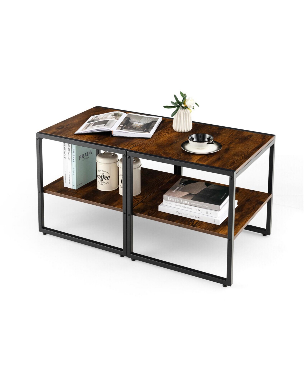 Gymax 2PCS 2-Tier End Side Sofa Coffee Table 20'' Square Table for Living Room Bedroom - Rustic brown+black